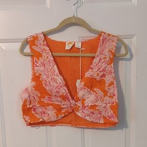 C&C California 100% Linen Crop Top Sleeveless Large Summer Tropical Cruise